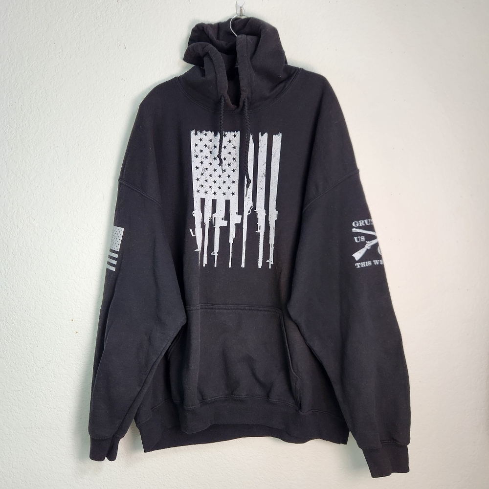 Grunt Style Black Hoodie with‎ Rifle American Flag, Size XXL
